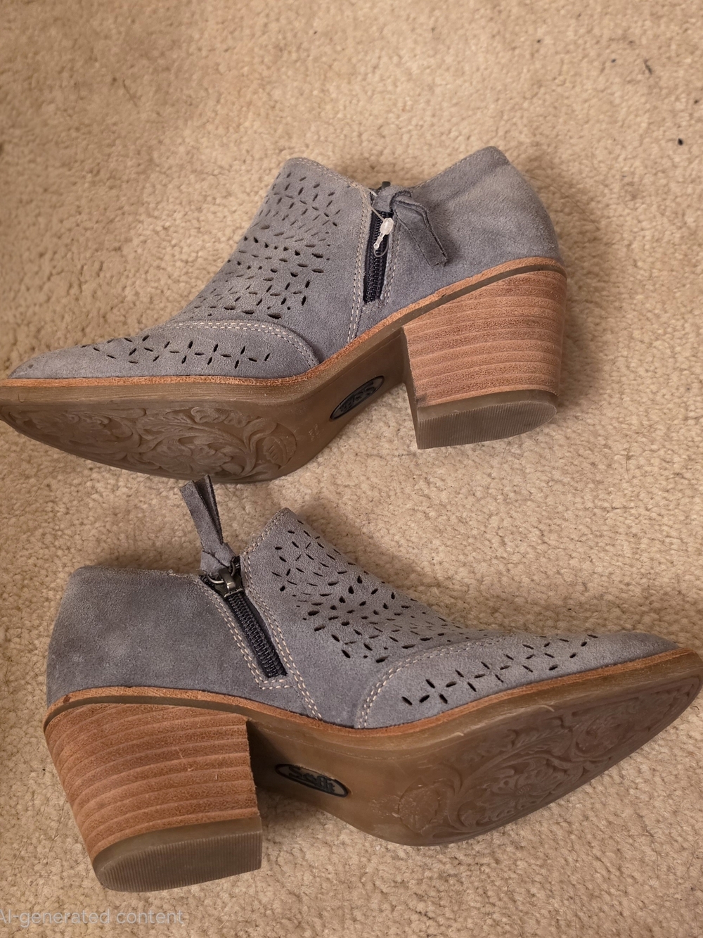 Sofft Gray/Blue Suede Perforated Ankle Booties with Stacked Heel Size 7